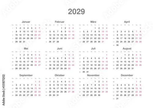 Kalender 2029 mit Wochenzählung, deutsch, Querformat