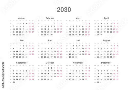 Kalender 2030 mit Wochenzählung, deutsch, Querformat