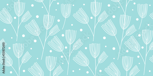 Wallpaper Mural Seamless winter linear botanical pattern. Christmas outline illustration with leaves and snow on blue background. Japanese style branches with veined leaves. Torontodigital.ca