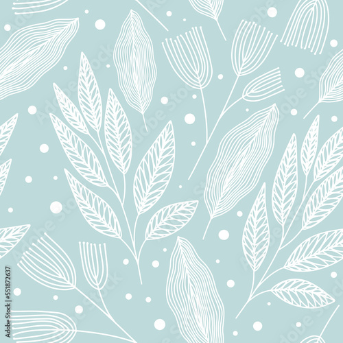 Seamless winter linear botanical pattern. Christmas outline illustration with different leaves and snow on blue background. Branches with veined leaves.