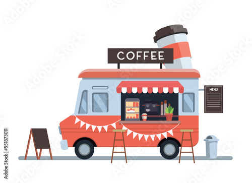 Food truck vehicle coffee shop on the truck with cupisolated on white background vector illustration