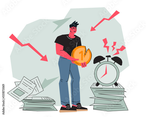 Overworked employee with low salary, flat vector illustration isolated. High workload and burnout, overload and low pay concept of toxic unfair work environment.