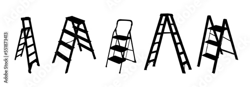 Silhouettes of ladders isolated on white background. Set of stepladder icon.Aluminum or wooden folding ladder.Stepladder for housekeeping, repair, renovation and construction works.Vector illustration