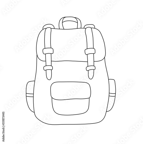 Vector isolated simple minimal hiking textile backpack with straps  colorless black and white contour line easy drawing