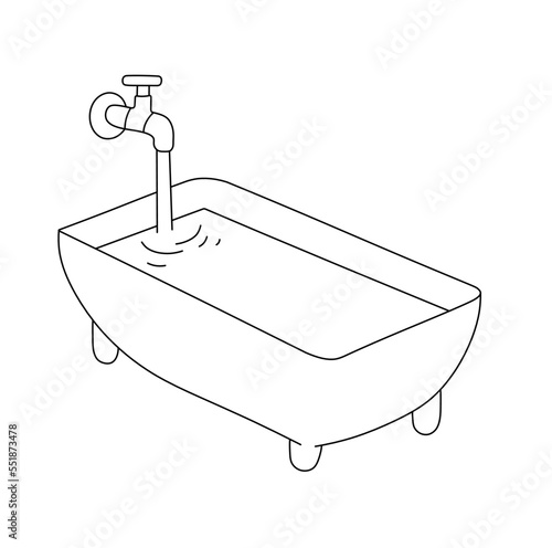 Vector isolated one simple minimal bath with faucet full of water colorless black and white contour line easy drawing