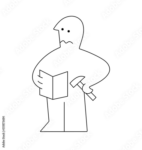 Vector isolated cute stick figure man builder with hammer and instruction colorless black and white contour line easy drawing