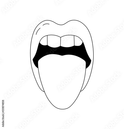 Vector isolated one open female mouth with tongue and teeth colorless black and white contour line easy drawing