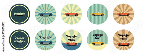 Retro flat icon with vintage retro caravan car. Collection of retro vintage stickers. Retro, vintage style. Flat vector illustrations isolated on white background. Leisure, travel, tourism.