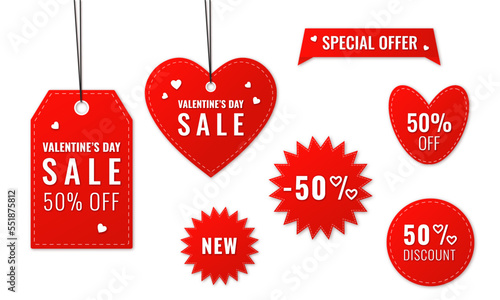 Set, collection of price tags or labels for Valentines's Day isolated on transparent background. Shopping stickers and badge for promotion. Red stickers for web banners with realistic shadow.