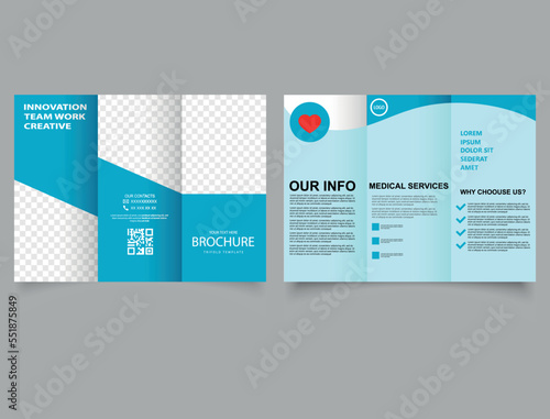 Blue medical trifold brochure. Vector template. Advertising leaflet. Trifold brochure with space for photo. Vector template.