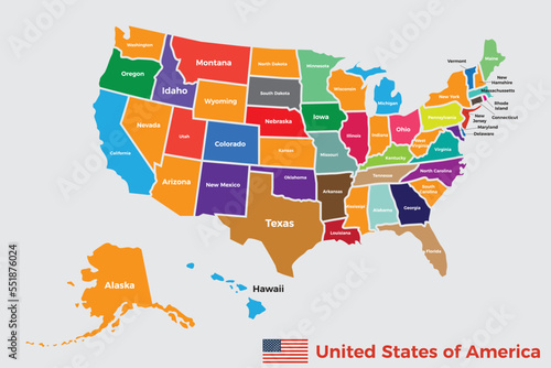 Vector illustration of a High Detail USA Map with different colors for each country. Each country has its capital city. Global colors used. Eps10 vector illustration.