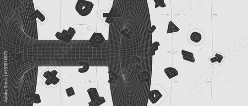 Strange abstract modern wireframes 3d geometric shapes, graphic composition design vector background, minimalist illustration in brutalist style with different figures and black hole tunnel