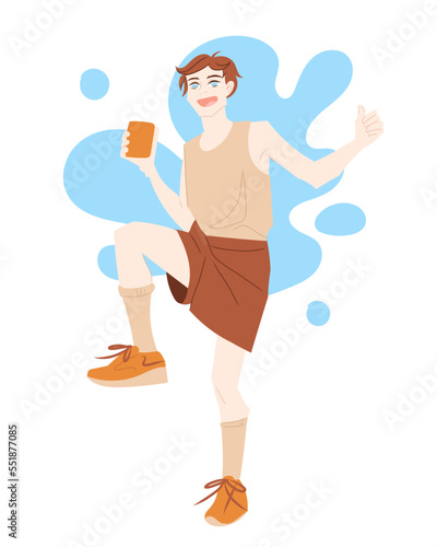 A guy in clothes in pastel colors stands on one leg and shows the phone and thumbs up. Flatt style, drawing. Happy, glad, joyfool boy. Wearing brown clothes. Vector artwork illustration