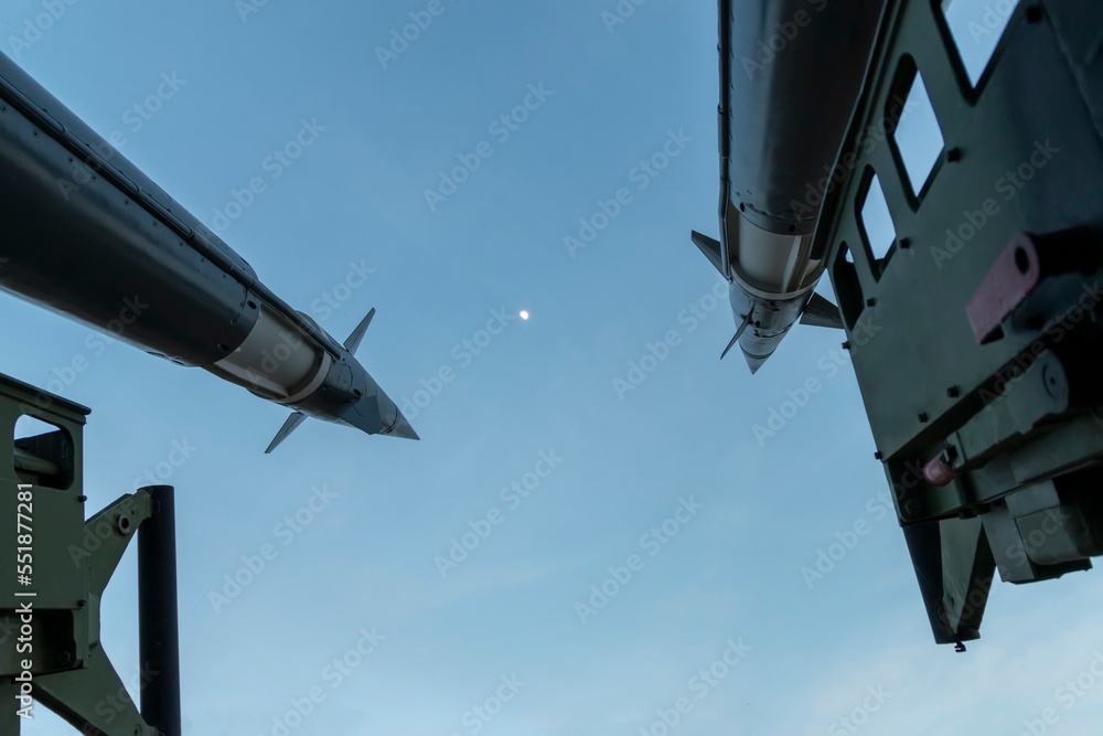 View of the air defense missile system on self propelled launching weapon. Missiles are aimed at the sky. Nuclear bomb, chemical weapons, missile defense. Russian missiles. Ukrainian air defense View of the air defense missile system on self propelled launching weapon. Missiles are aimed at the sky. Nuclear bomb, chemical weapons, missile defense. Russian missiles. Ukrainian air defense
