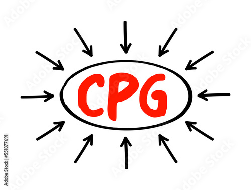 CPG Consumer Packaged Goods - merchandise that customers use up and replace on a frequent basis, acronym text concept with arrows
