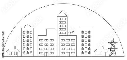 2D high density modern city skyline drawn in black and white. A mixture of illustrations of buildings of various designs and heights.
