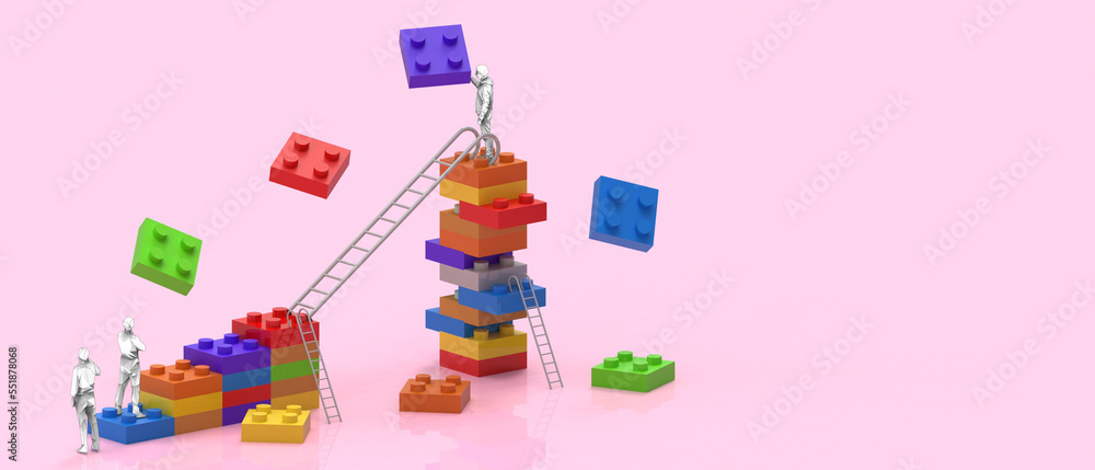 Business ideas and success of business leaders with clear goals concept - Brick block toy and games puzzle on red background. product, copy space, digital, banner- 3d Rendering