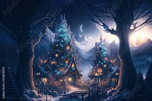 Wonderful magical fantasy little mountain village with fantastic houses  night winter snowy landscape with stars  AI generated image