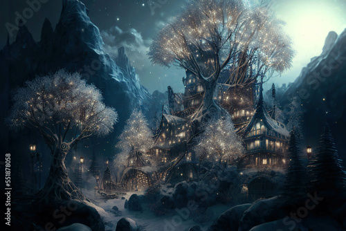 Wonderful magical fantasy mountain town with houses and glowing trees  majestic twilight winter landscape  AI generated image