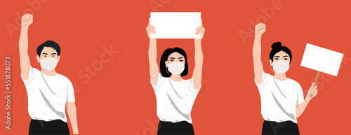 Hand drawn crowd holding banner china protests illustration. Vector illustration	