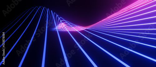 Pink and blue abstract flowing bands, virtual background, digital technology, science or data concept, futuristic retro wave visualization 3D render illustration