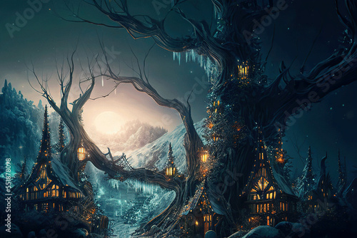 Fantasy village with houses on the trees, twilight winter landscape, AI generated image © Eva