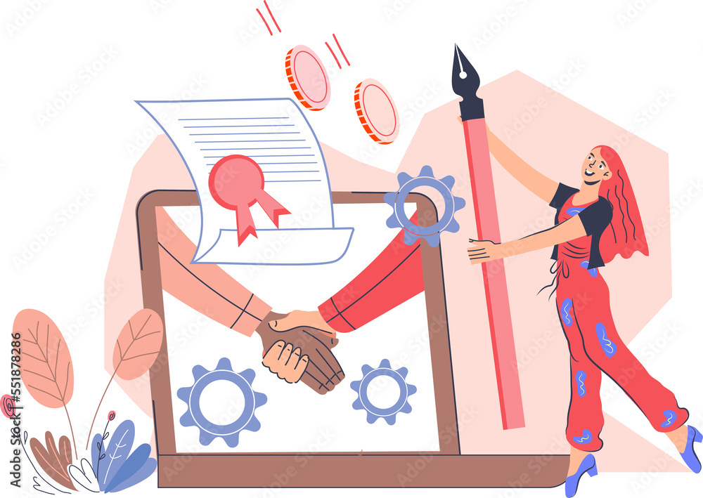 Fototapeta premium Online contract signing business concept. Online business deal and achievement of agreement, handshake in negotiations.