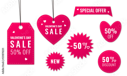 Set, collection of price tags or labels for Valentines's Day or Womens day isolated on background. Shopping stickers and badge for promotion. Pink stickers for web banners with realistic shadow.