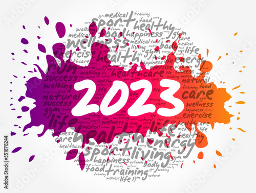 2023 health and sport goals word cloud, motivation concept background