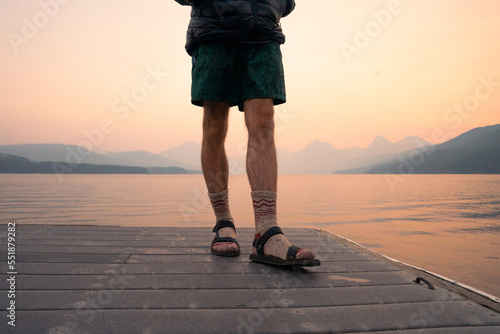 Summer Sunrise on Beach Dock at Lake McDonald in Glacier National Park Montana photo