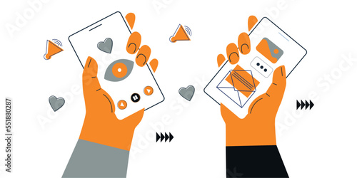 Friends chatting. New generation. Concept of social networks, virtual relationships. Friends chatting and texting. Vector flat illustration