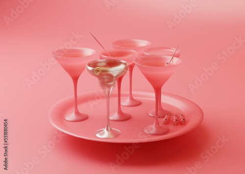 3d set of pink cocktail martini glasses on tray on pink background with one different glass. drink party concept 3d adbstract realistic rendering