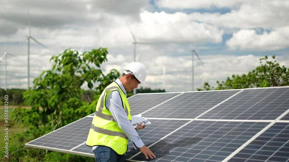 Male and Female engineer checking solar panel on wind turbine on Background. Male and Female engineer checking solar panel on wind turbine on Background.
