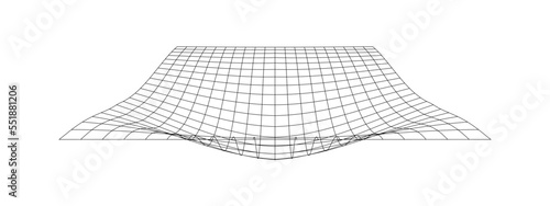 Net with convex effect. Distorted grid surface. Mesh warp texture. Geometric deformation. Gravity phenomenon. Bented lattice isolated on white background