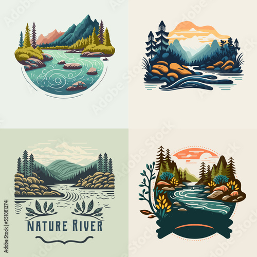 Valokuvatapetti collection of valley river nature mountain forest logo label badge vector
