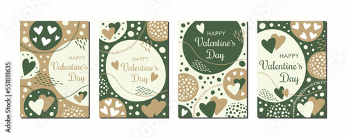 Set of Happy Valentine's Day greeting cards. Abstract templates in sustainable natural look wooden brown and green for eco social media post, mobile apps, banners design, promotion, web internet ads.