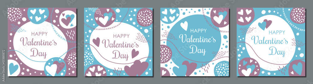 Set of Happy Valentine's Day square greeting cards. Printable templates suitable for marketing, social media posts, mobile apps, banners design, sales and promotion web / internet ads.