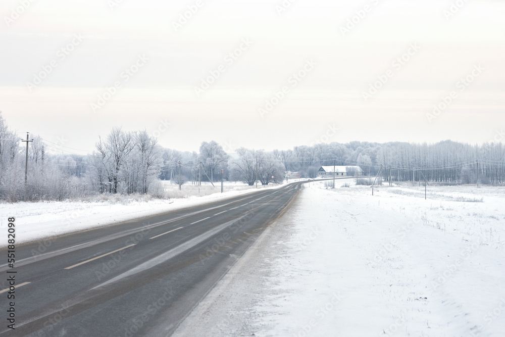Obraz premium Winter landscape. An asphalt road stretching into the distance through openwork white trees in frost and a snow-covered village.
