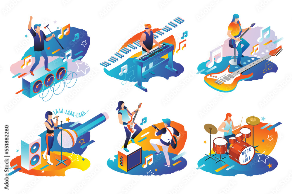 Naklejka premium Rock Musicians and Singers of rock band, musical instruments, audio blog concept, isometric vector illustrations on isolated background