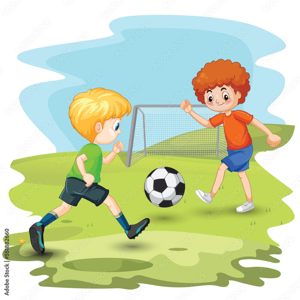 Fototapeta premium Happy little kid play football together with friend