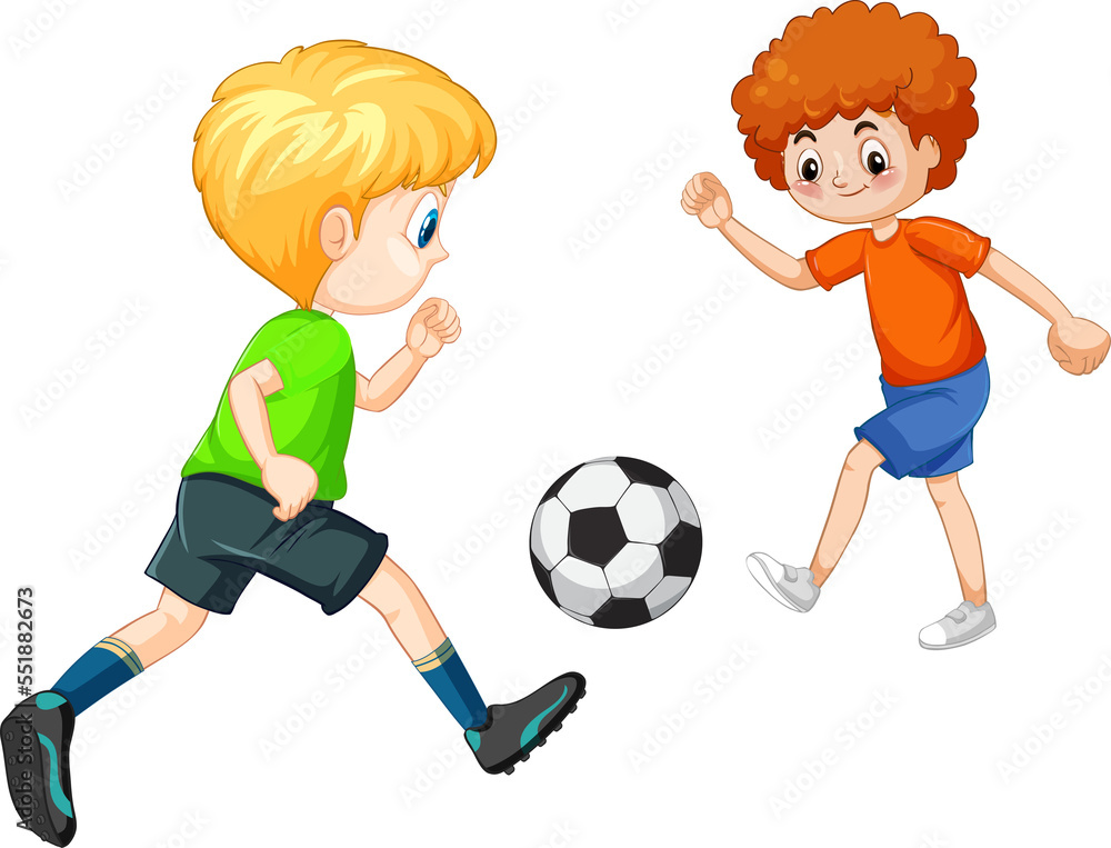 Happy  little kid play football together with friend