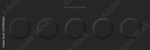 Round buttons on a black background. Neomorphism UI design element set. Vector illustration.