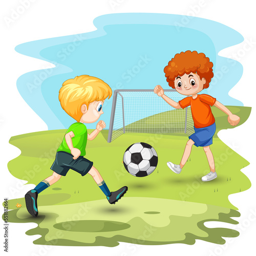 Happy little kid play football together with friend