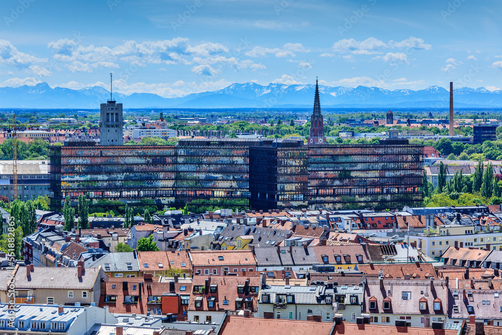 Aerial view of Munich with Bavarian Alps in background, Bavaria, Germany