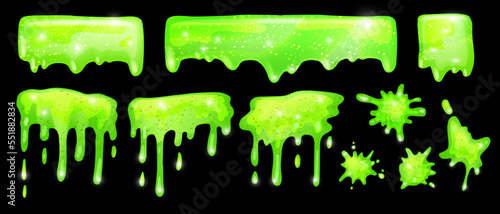 Slime vector frame set, dripping green Halloween splat, 3D jelly liquid toxic cartoon mucus kit. Poison sticky goo, transparent spooky radioactive blob, paint splash blot. Green slime horror clipart