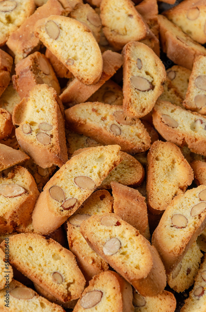 Traditional Italian cantuccini cookies with almonds. Food background. Top view. Traditional Italian cantuccini cookies with almonds. Food background. Top view.
