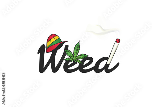Smoking weed featuring creative lettering, cannabis leaf, cigarette joint and a hat