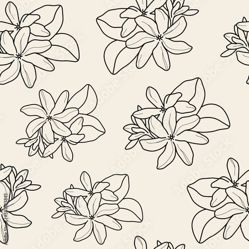 Line art Tahitian gardenia flower seamless pattern