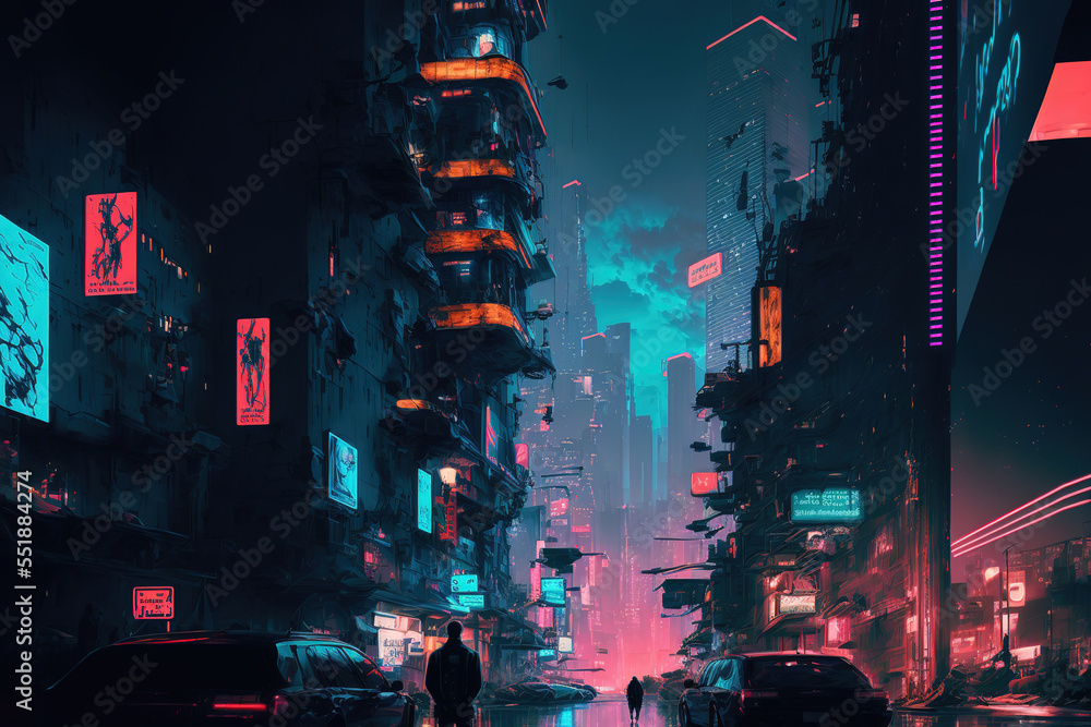 cyberpunk city, gloomy atmosphere, tall buildings, neon lights, futuristic style, art illustration