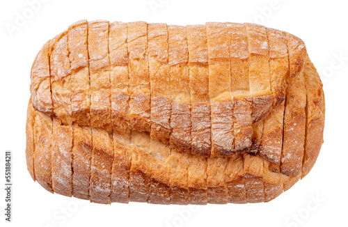 Sliced loaf of wholegrain bread cutout. White wheat bread cut into slices isolated on a white background. Bread baking and slicing. Carbohydrates and calories concept. © Maryia